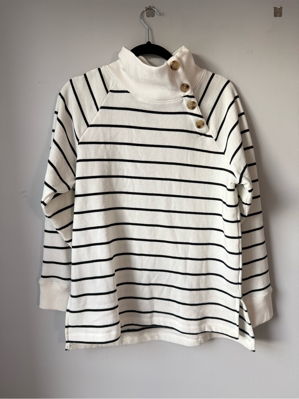 J. Crew Striped Button Shoulder Turtleneck Sweater White Black Comfy Sweatshirt